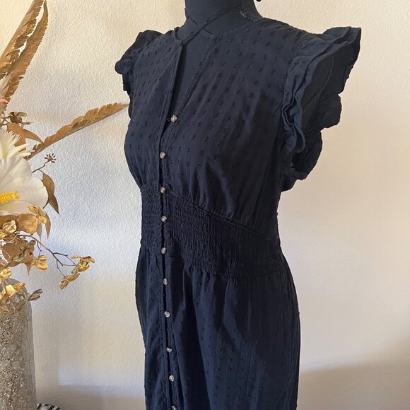 SOLDBlack Milkmaid Ruffle Dress Full Length Buttons Embroidered Polka Dots - Picture 2 of 10